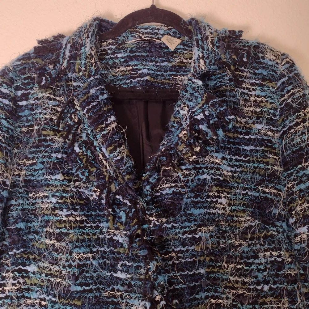 Laura Ashley Y2K Boucle Eyelash Fringe Coat Blue Green Black Stripe Size M